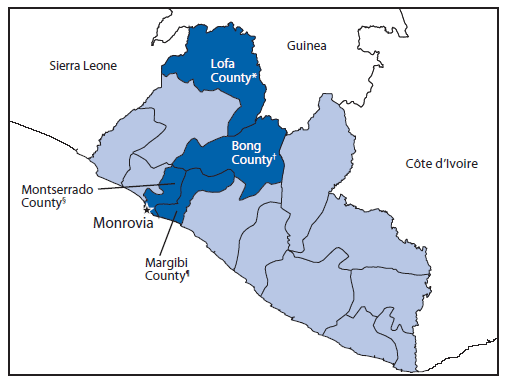 The figure is a map of Liberia showing counties where clusters of Ebola virus disease were reported among health care workers in health care facilities that were not Ebola treatment units during June 9-August 14, 2014. There were two primary epicenters in Liberia: Lofa County in northwestern Liberia, where the outbreak in Liberia was initially detected following movement of infected persons over the border from Guinea; and Montserrado County, which includes the capital city of Monrovia.
