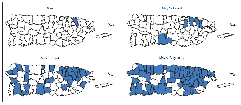 The figure above is a four-part map showing the geographic distribution of laboratory-positive chikungunya cases, by period and residence, in Puerto Rico during May 5–August 12, 2014. Additional laboratory-positive chikungunya cases were reported in the following weeks from throughout the San Juan and Ponce metropolitan areas.