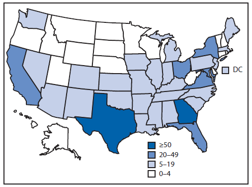 The figure above is a map showing the number of clinical inquiries from health departments and health care providers regarding persons thought to be at risk for Ebola virus disease, by state, throughout the United States during the period July 9-November 15, 2014. CDC responded to clinical inquiries regarding 650 persons from 49 states and the District of Columbia; 142 (22%) originated in health departments, and 508 (78%) originated from clinicians, with subsequent notification and engagement of the jurisdictional health department.