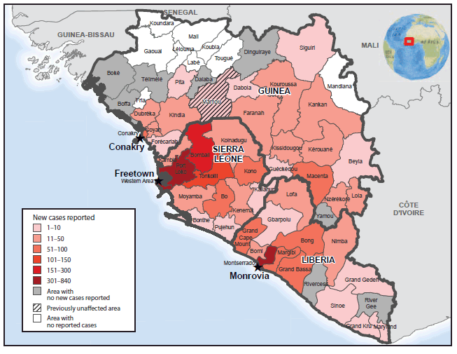 The figure above is a map showing the number of new cases of Ebola virus disease (Ebola) reported in Guinea, Liberia, and Sierra Leone during November 9-30, 2014. There were 4,281 new Ebola cases reported during the 4-week period of November 9-December 6, compared with the 2,705 new cases reported during the 3-week period of October 19-November 8. Cases were widely distributed geographically among districts in all three countries, with the prefecture of Mamou in Guinea reported to be newly affected. During both periods, counts of Ebola cases reported were highest in the area around Monrovia, including Grand Cape Mount, Liberia; the Western and northwest districts of Sierra Leone, particularly Bombali and Port Loko; and Conakry, Guinea.