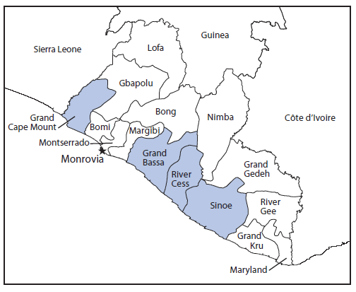 The figure above is a map showing the location of the four rural Liberian counties (Grand Cape Mount, Grand Bassa, Rivercess, and Sinoe) assessed for challenges associated with Ebola epidemic response plans during August-November 2014. 