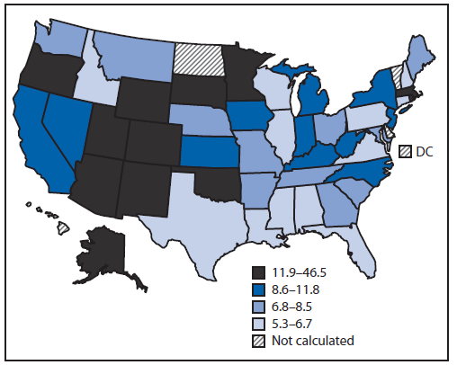 The figure is a map of the United States showing age-adjusted alcohol poisoning death rates, by state, during 2010-2012. States with the highest death rates were located mostly in the Great Plains and western United States, but also included two New England states (Rhode Island and Massachusetts). 