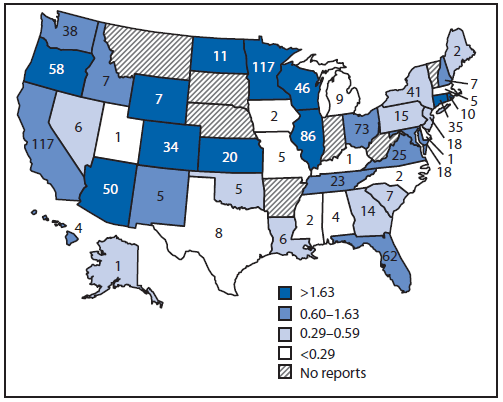 The figure above show is a U.S. map showing the number and rate of reported foodborne norovirus outbreaks (per 1 million person-years), by state, in the United States during 2009-2012. Foodborne norovirus outbreaks were reported by 43 states, with the number per state ranging from one to 117 (median = nine).
