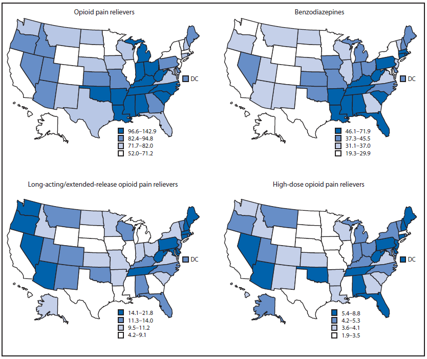 The figure above shows prescribing rates per 100 persons (in quartiles), by state and drug type, in the United States during 2012. The South region had the highest rate of prescribing opioid pain relievers and benzodiazepines.