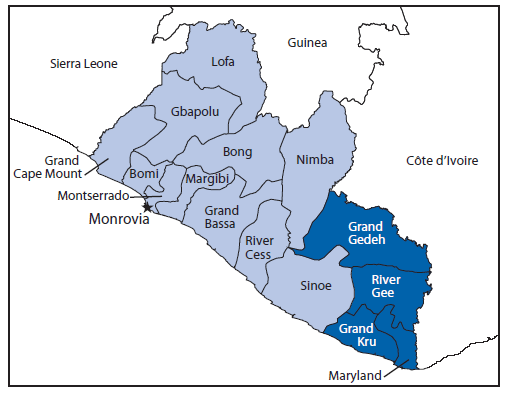 The figure above is a map of Liberia showing the location of the four counties (Grand Gedeh, Grand Kru, River Gee, and Maryland) assessed for Ebola virus disease burden, health care infrastructure, and preparedness during August 2014.