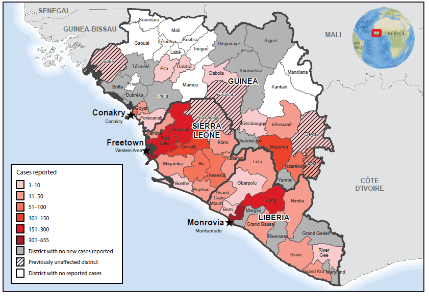 The figure above is a map of West Africa showing the number of new cases of Ebola reported in West Africa during September 28-October 18. Counts of Ebola were highest in the area around Monrovia and in the district of Bong, Liberia; the Freetown area and the northwest districts of Sierra Leone; and the district of Macenta, Guinea.