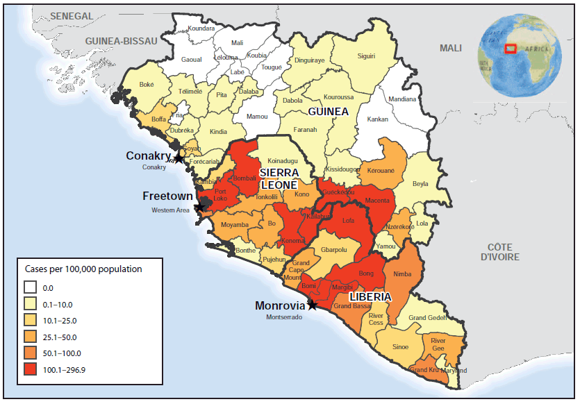 The figure above is a map of West Africa showing Ebola cumulative incidence as of October 18, 2014. The map of the cumulative incidence of Ebola, as of October 18, indicates that the highest incidence rate (>100 cases per 100,000 population) was reported by two districts in Guinea (Guéckédou and Macenta), five districts in Liberia (Bomi, Bong, Lofa, Margibi, and Montserrado), and four districts in Sierra Leone (Bombali, Kailahun, Kenema, and Port Loko).