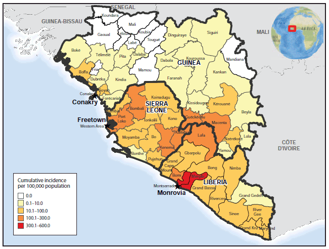 The figure is a map of Guinea, Liberia, and Sierra Leone showing Ebola cumulative incidence as of November 8, 2014. The highest rates (>100 cases per 100,000 population) were reported by two prefectures in Guinea (Guéckédou and Macenta), four counties in Liberia (Bomi, Lofa, and particularly Margibi and Montserrado), and five districts in Sierra Leone (Bombali, Kailahun, Kenema, Port Loko, and Western Area).