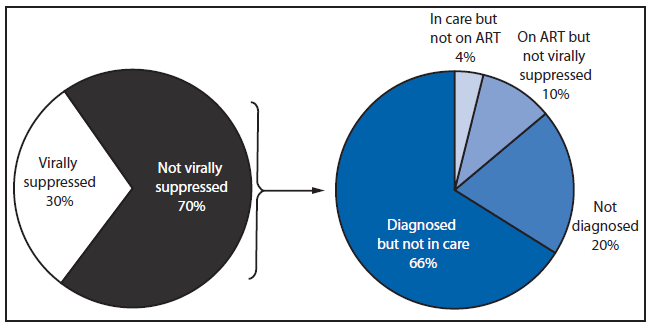 The figure is a pie chart showing the estimated percentage of persons living with HIV infection, by viral suppression status, and estimated percentage of persons living with HIV infection who were not virally suppressed, by diagnosis and treatment status, in the United States during 2011.