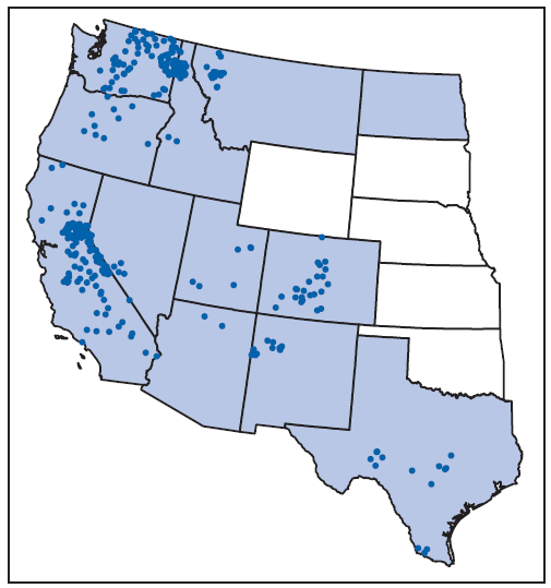 The figure above is a map of the western United States showing the number of reported cases of tickborne relapsing fever during 1990-2011. Three states accounted for approximately 70% of all reported tickborne relapsing fever cases (California, 33%; Washington, 25%; and Colorado, 11%); the remainder were reported from Idaho, 7%; Nevada, 5%; Oregon, 4%; Arizona, 4%; Texas, 4%; New Mexico, 3%; Montana, 2%; Utah, 2%; and Wyoming, <1%.