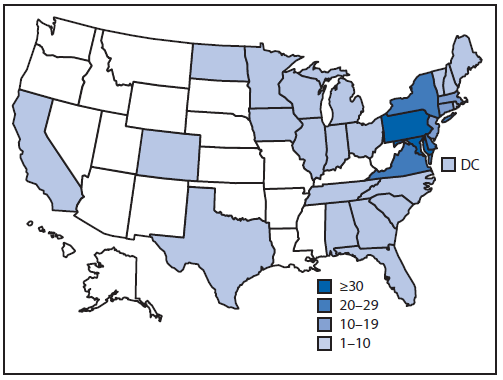 The figure above is a map of the United States showing the number of persons infected with the outbreak strain of Salmonella Newport, by state, in the United States during May 20- September 30, 2014. A total of 275 cases were reported from 29 states and the District of Columbia.