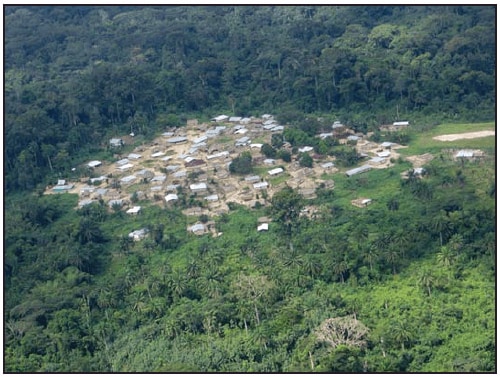 The figure above is a photograph showing an aerial view of the village of Geleyansiesu in Gbarpolu County, Liberia, on November 9, 2014.