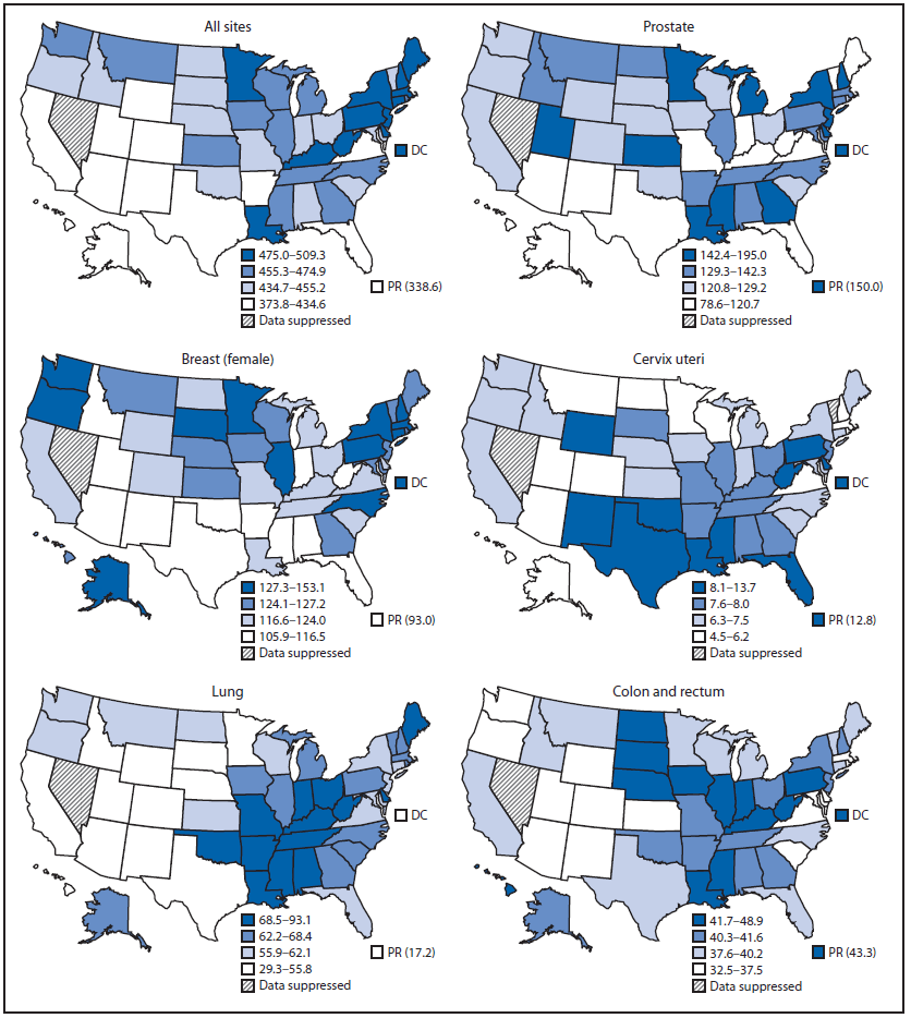 The figure above shows six maps of the United States illustrating rates of invasive cancer, by primary cancer site, during 2011, according to the National Program of Cancer Registries and Surveillance, Epidemiology, and End Results Program.
