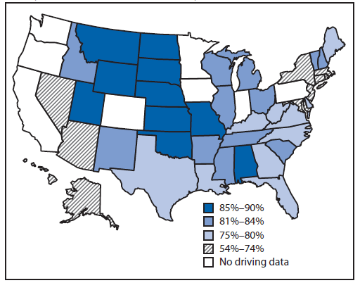 The figure is a map of the United States showing the percentage of high school students aged ≥16 years who reported driving a car or other vehicle during the 30 days before a survey in 42 states during 2013.
