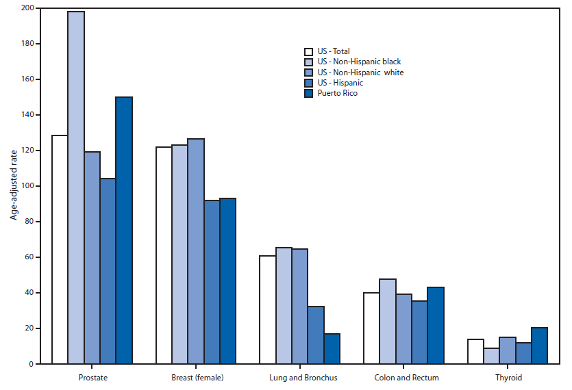 The figure is a bar chart showing age-adjusted rates of invasive cancer incidence by selected primary cancer site, geographic location, race, and ethnicity in Puerto Rico and the United States during 2011.