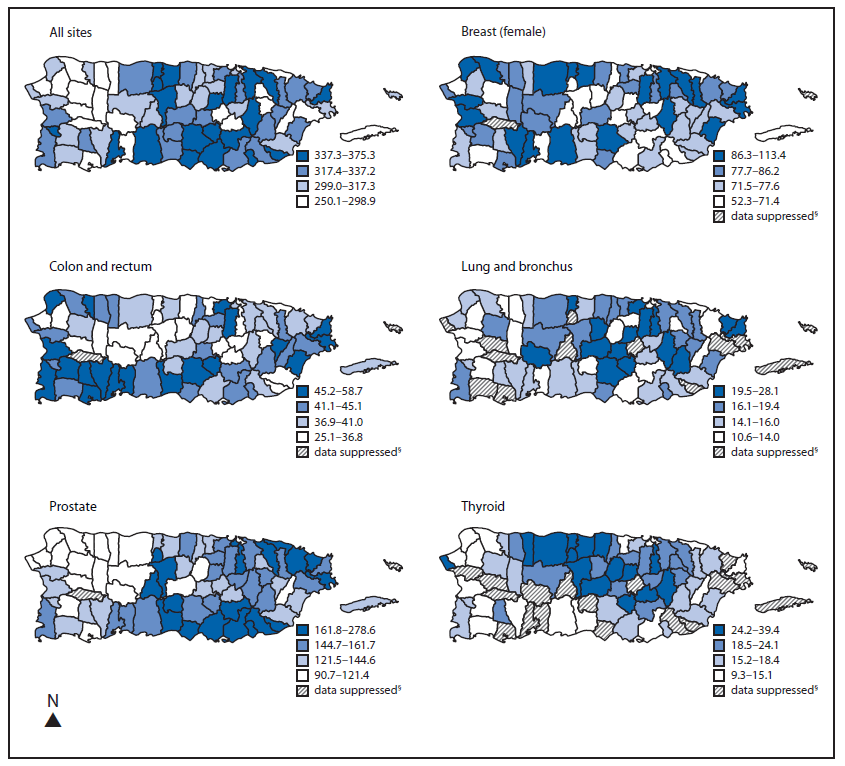 The figure consists of six maps of Puerto Rico showing age-adjusted incidence rates of invasive cancer by selected primary cancer sites and municipality in Puerto Rico during 2007-2011.
