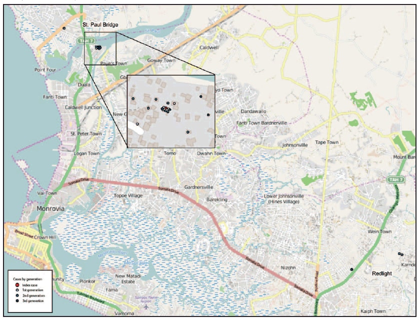 The figure above is a map showing Ebola virus disease (Ebola) cases (N = 21) in the last known cluster of Ebola, by location and transmission generation, in Montserrado County, Liberia, during January-February 2015.