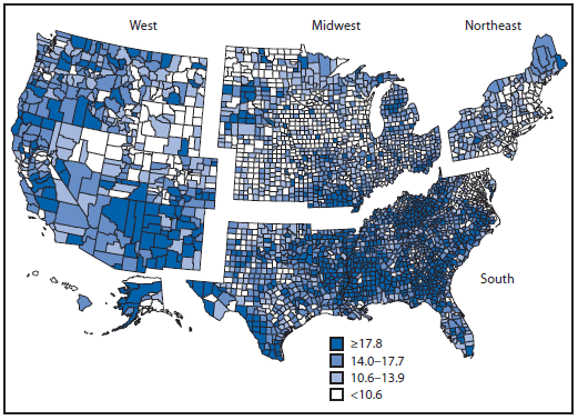 The figure above is a map of the United States showing percentages of persons aged ≥18 years with family income below poverty level, by county, in the United States during 2009-2013.

