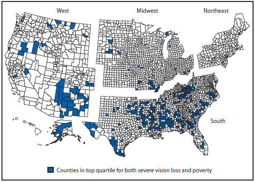 The figure above is a map of the United States showing counties in the top quartile for both severe vision loss and family income  below poverty level in the United States during 2009-2013.
3. CDC. Healthy Vision Month-May 2012. MMWR Morb Mortal Wkly Rep 2012;61:328.  
http://www.cdc.gov/mmwr/preview/mmwrhtml/mm6118a4.htm
