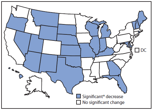The figure above is a map of the United States showing change in percentage of current cigarette smoking among adults in the United States during 2011-2013.