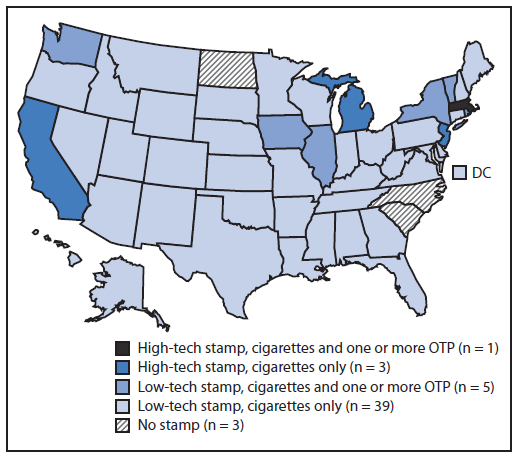 The figure above is a map of the United States showing use and type of cigarette and other tobacco product stamps, by state, as of January 1, 2014.