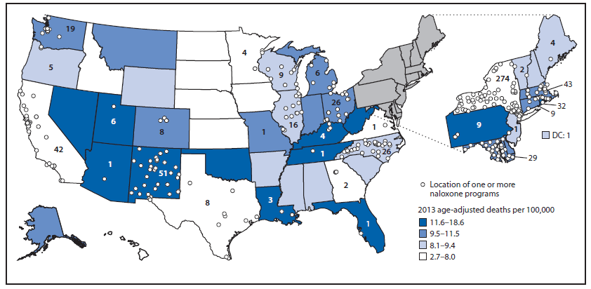 The figure above is a map of the United States, including Alaska and Hawaii, indicating the number and location, by state, of local drug overdose prevention programs providing naloxone to laypersons, as of June 2014, as well as the age-adjusted rates of drug overdose deaths in 2013. The three states with the greatest number of local naloxone programs were New York with 274, New Mexico with 51, and Massachusetts with 43.
