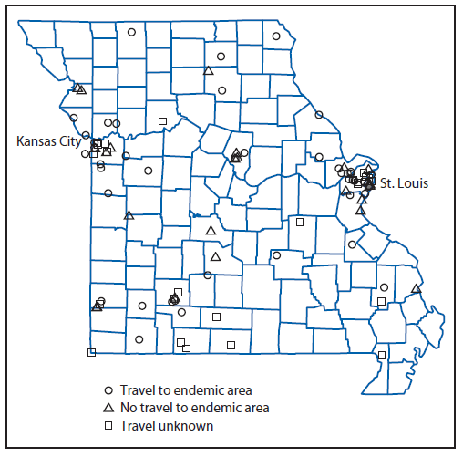 The figure above is a map of Missouri showing the location of reported coccidioidomycosis cases, and the travel status of patients, who either did or did not travel to an endemic area or whose travel status was unknown. The largest cluster of cases were in and around St. Louis and Kansas City.