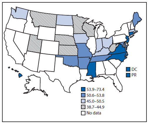 The figure is a map showing the age-adjusted percentage of adults aged ≥18 years who reported taking action to reduce their dietary sodium intake in 26 states, the District of Columbia, and Puerto Rico during 2013.