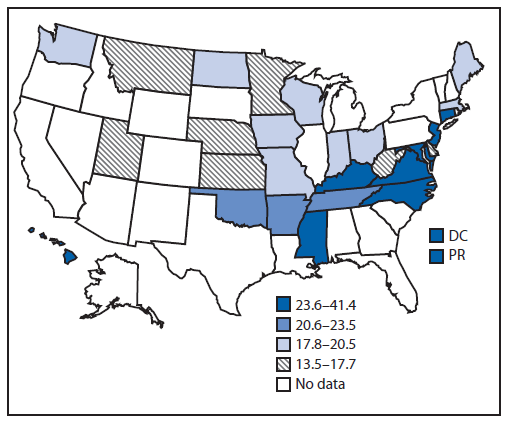The figure is a map showing age-adjusted percentage of adults aged ≥18 years who reported being advised by a health professional to reduce dietary sodium intake in 26 states, the District of Columbia, and Puerto Rico during 2013.