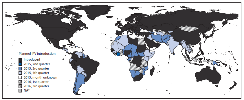 The figure is a map of the world showing the status of introduction of inactivated poliovirus vaccine, by country, as of June 24, 2015.