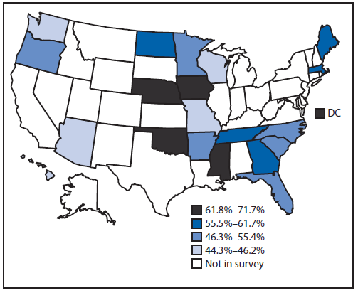 The figure is a map showing age-standardized percentage of aspirin use among persons with preexisting atherosclerotic cardiovascular disease during 2013.