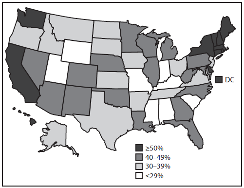 The figure is a map of the United States showing estimated vaccination coverage with ≥1 dose of human papillomavirus vaccine among males aged 13-17 years during 2014.
