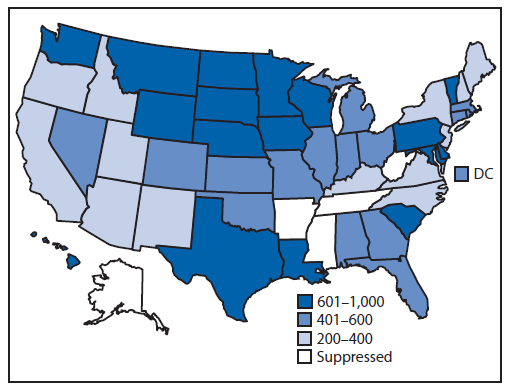 The figure above is a map of the United States showing the annual rate of self-reported alcohol-impaired driving episodes per 1,000 population among adults during 2012.