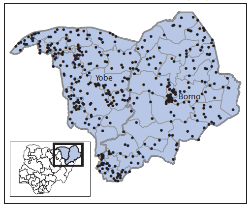 Alternate Text: The figure above is a map showing cases of nonpolio acute flaccid paralysis reported (N = 435) in Borno and Yobe in northeast Nigeria during January-July 2015.