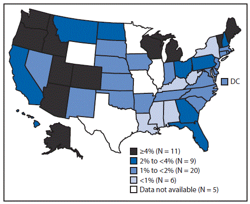 The figure above is a map of the United States showing the estimated percentage of children enrolled in kindergarten who have been exempted from receiving one or more vaccines, by state, in the United States during 2014-15 school year.