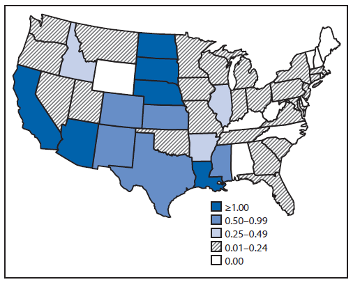 The figure above is a map of the United States showing the rate of reported cases of West Nile virus neuroinvasive disease in 2014. 