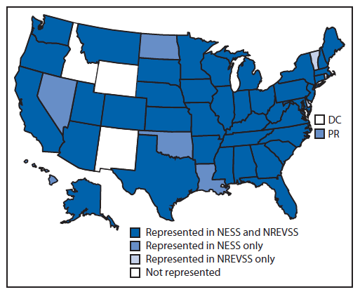 The figure above is a map of the United States showing states from which enterovirus-positive results or human parechoviruses -positive results were reported, by surveillance system used, in the United States during 2009-2013.