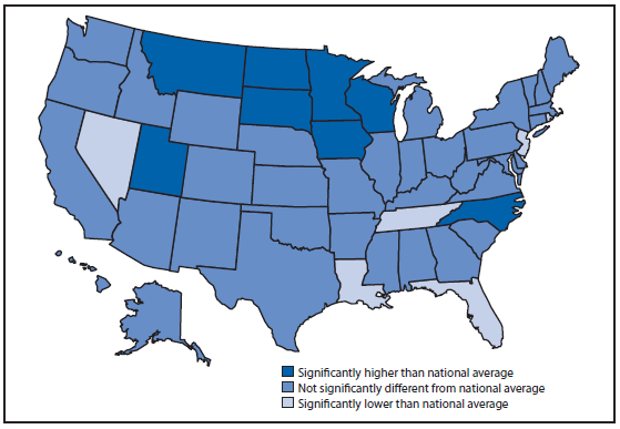 The figure above is a map of the United States showing that in 2014, approximately half (50.5%) of the physicians in the United States used a basic EHR system. In eight states (Iowa, Minnesota, Montana, North Carolina, North Dakota, South Dakota, Utah, and Wisconsin), the percentage was higher than the national average, ranging from 64.7% in Iowa to 79.1% in North Dakota. The percentage was lower in six states, (Florida, Louisiana, Nevada, New Jersey, Tennessee, and Rhode Island), ranging from 29.2% in New Jersey to 38.5% in Tennessee.