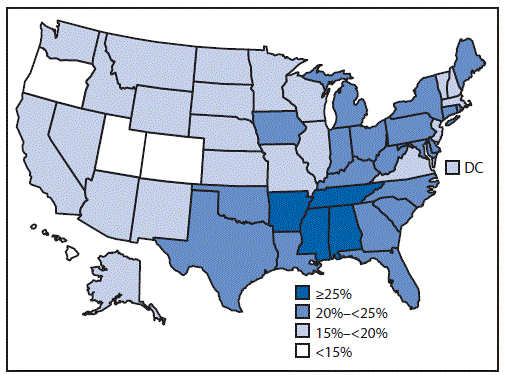 The figure above is a map of the United States showing the proportion of U.S. adults eligible for intensive behavioral counseling for cardiovascular disease prevention and not meeting the aerobic physical activity guideline, by state, during 2013.