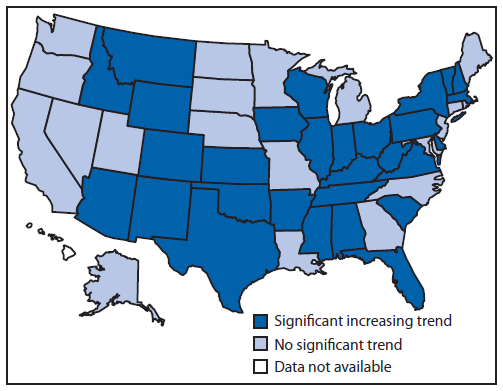 The figure is a map of the United States showing trends in the proportion of adult smokers reporting a quit attempt during the previous year, by state, during 2001-2010.