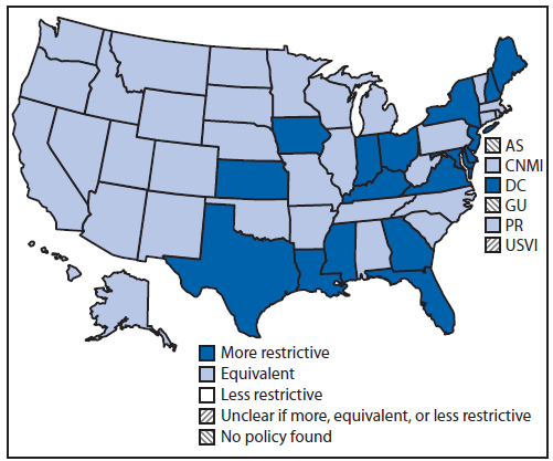 The figure is a map of the United States showing Ebola screening and monitoring policies for asymptomatic persons, by restrictiveness relative to CDC policy, as of August 31, 2015.