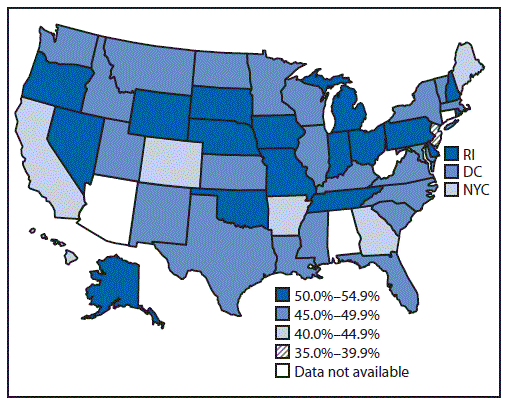 The figure above is a map of the United States showing the prevalence of excessive gestational weight gain for 46 states, New York City, and District of Columbia during 2012–2013.