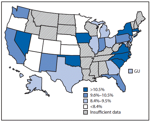 The figure above is of a map of the United States showing the prevalence of self-reported diabetes among Asians aged ≥18 years in the United States during 2011–2014.