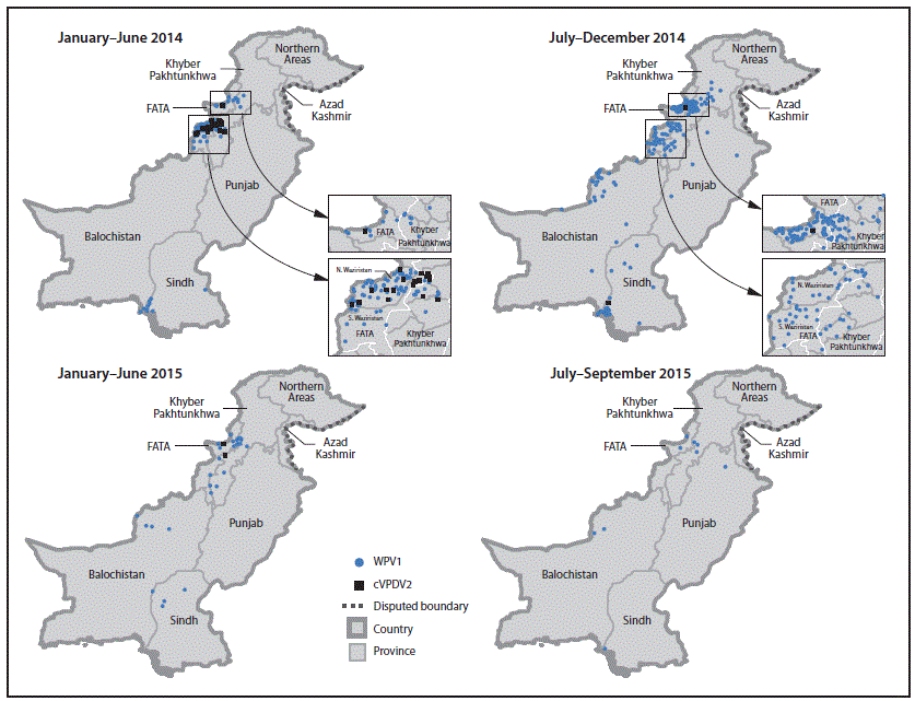 The figure above is a map showing the location of cases of wild poliovirus type 1 and circulating vaccine-derived poliovirus type 2, by period, in Pakistan during January 2014–September 2015.
