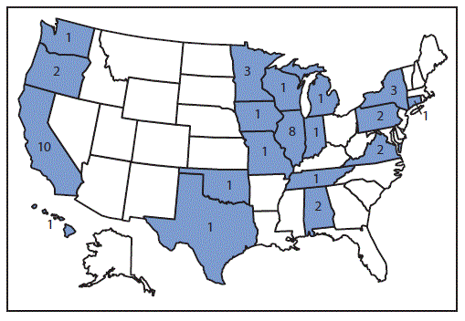 The figure is a map of the United States showing the number of reported patients with carbapenem-resistant Enterobacteriaceae producing OXA-48-like carbapenemases (N = 43) in the United States during June 2010-August 2015.