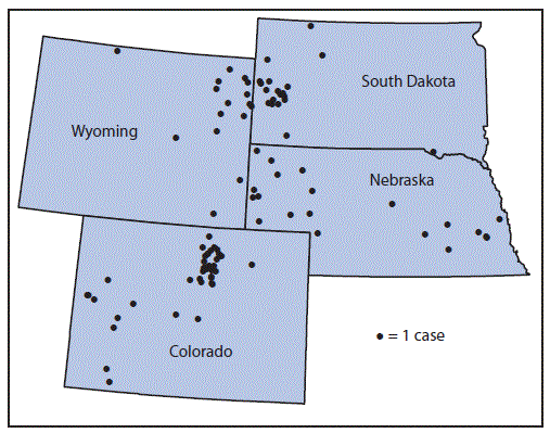 The figure is a map showing the geographic distribution of reported tularemia cases in Colorado, Nebraska, South Dakota, and Wyoming, during January- September, 2015.