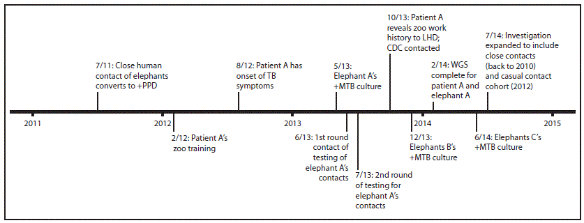 The figure is a timeline of tuberculosis diagnoses in three elephants and a casual contact at an Oregon zoo in 2013.
