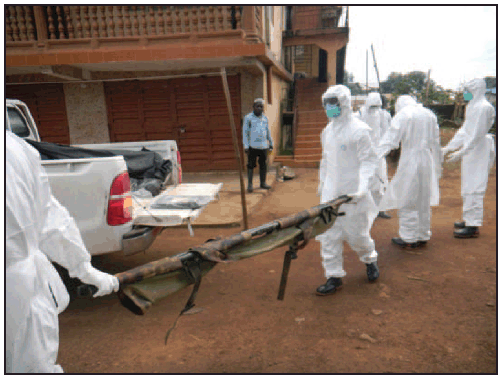 The figure is a photograph of a burial team preparing to collect another body and transport it in the back of truck, along with eight other bodies that had already been collected, in Sierra Leone in September 2014.