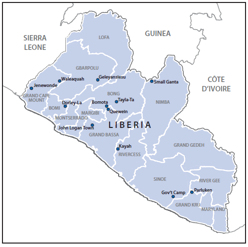 The figure above is a map of Liberia showing the locations of 12 Ebola outbreaks in remote communities during July 16-November 20, 2014.