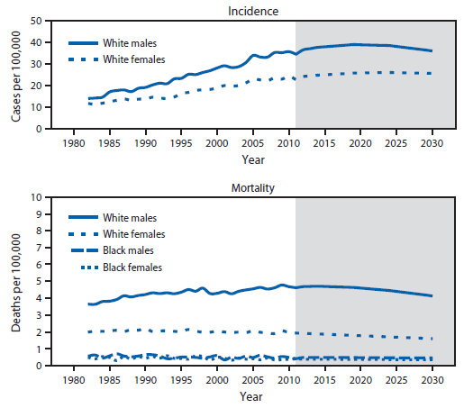 The figure above is a line chart showing observed and projected age-adjusted melanoma incidence and mortality rates, by sex and race, in the United States during 1982-2030.